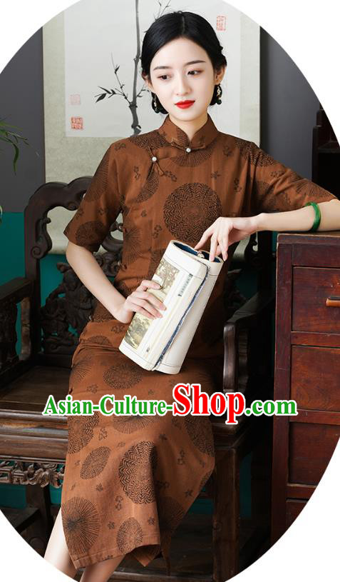 Chinese Traditional Jacquard Brown Flax Cheongsam National Shanghai Beauty Costume Slim Qipao Dress