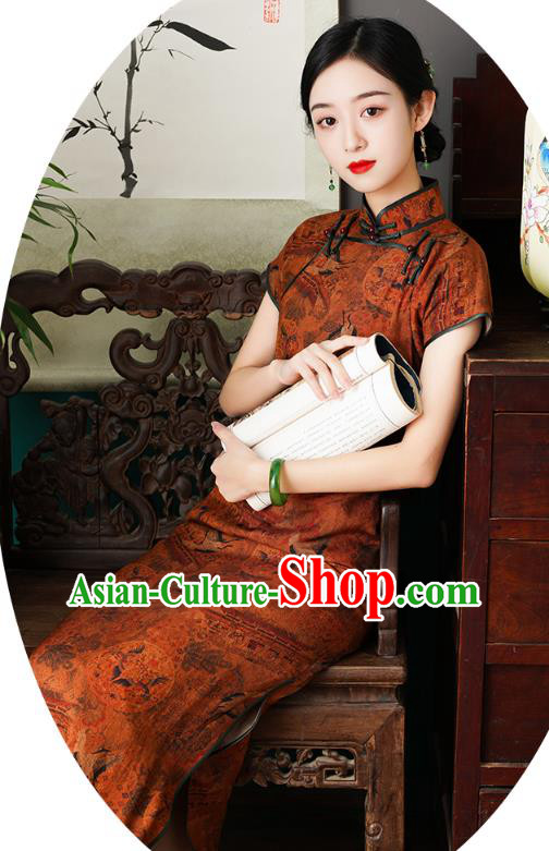 Chinese Traditional Printing Orange Cheongsam National Young Lady Costume Classical Tencel Qipao Dress
