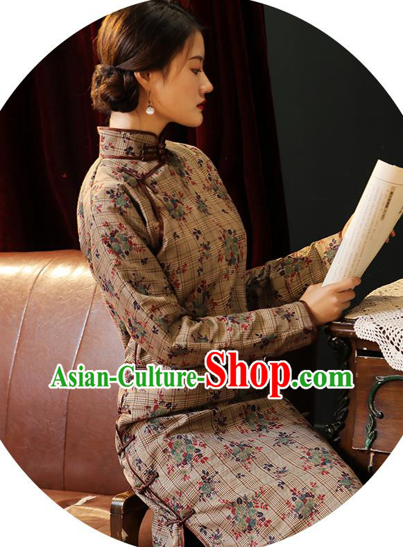 Chinese National Young Woman Costume Traditional Winter Cheongsam Classical Khaki Qipao Dress