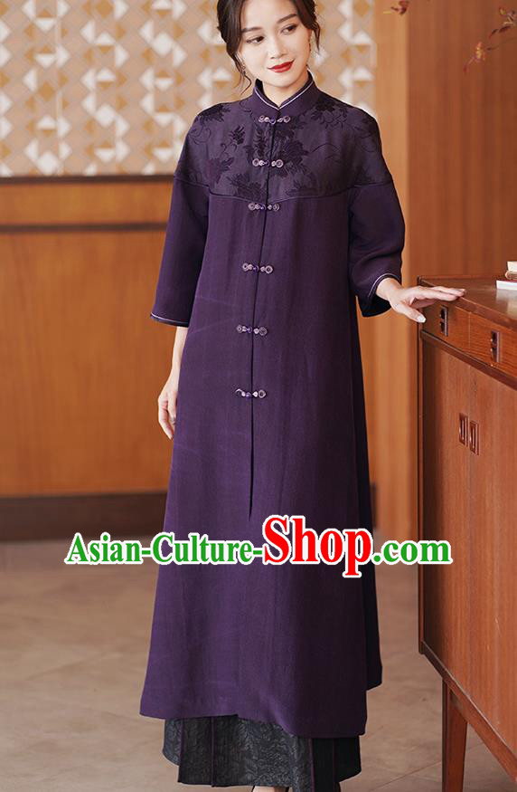 China Traditional Tang Suit Purple Silk Dust Coat National Gambiered Guangdong Gauze Outer Garment