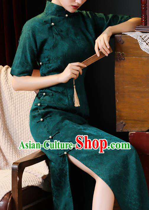 Chinese Classical Deep Green Qipao Dress National Shanghai Lady Costume Traditional Jacquard Silk Cheongsam