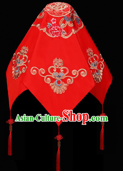 China Xiuhe Suit Embroidered Peony Headdress Traditional Wedding Headwear Bride Red Veil