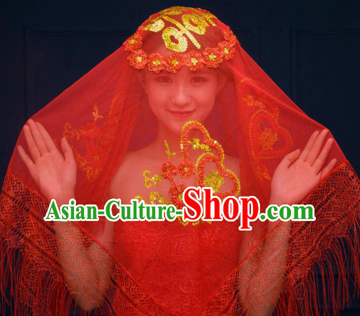 China Bride Red Lace Tassel Veil Traditional Wedding Headwear Xiuhe Suit Headdress