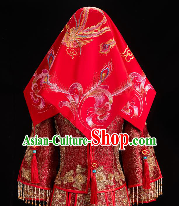 China Xiuhe Suit Red Satin Kerchief Traditional Wedding Headwear Embroidered Phoenix Bridal Veil