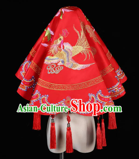 China Traditional Wedding Xiuhe Suit Headdress Embroidery Dragon Phoenix Red Bridal Veil Kerchief