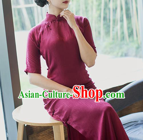Republic of China Young Woman Cheongsam Costume Traditional Minguo Wine Red Silk Qipao Dress
