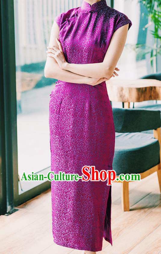Republic of China Purple Brocade Cheongsam Costume Traditional Minguo Stage Performance Qipao Dress