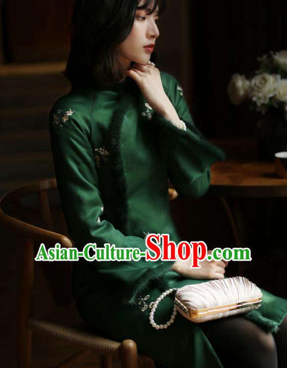 China Winter Cotton Wadded Cheongsam Costume Traditional Shanghai Green Silk Qipao Dress
