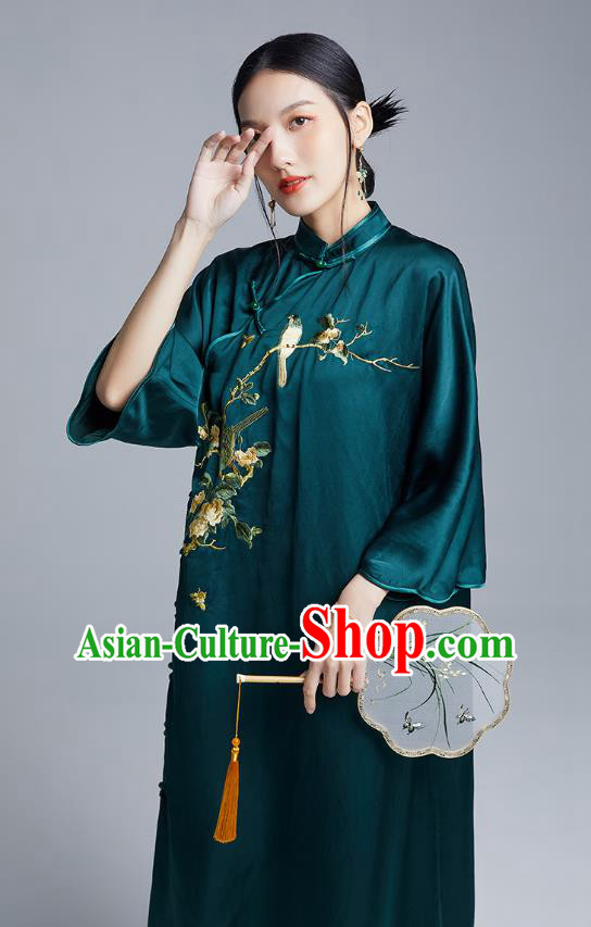 China Classical Embroidered Flowers Bird Cheongsam Costume Traditional Young Lady Atrovirens Silk Qipao Dress