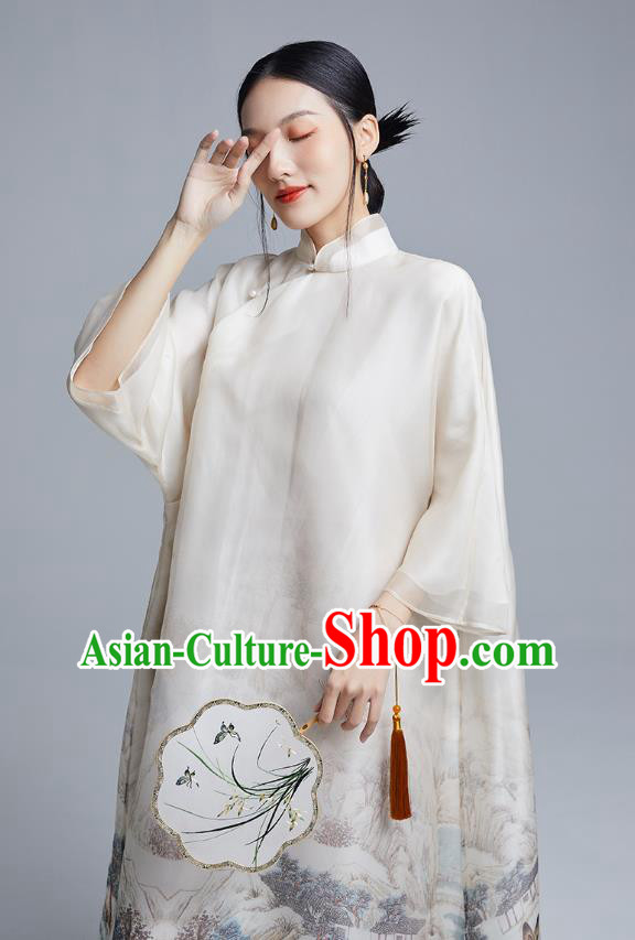 China Classical Ink Painting Landscape Cheongsam Costume Traditional Young Lady White Organdy Loose Qipao Dress
