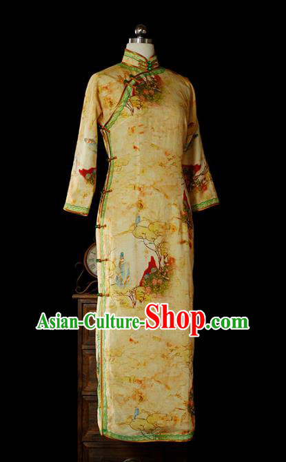 Chinese Classical Tang Suit Slim Cheongsam Traditional Minguo Printing Yellow Flax Qipao Dress