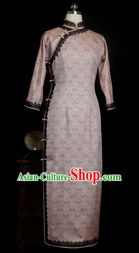 Republic of China Shanghai Woman Qipao Dress Traditional Minguo Classical Cranes Pattern Pink Cheongsam