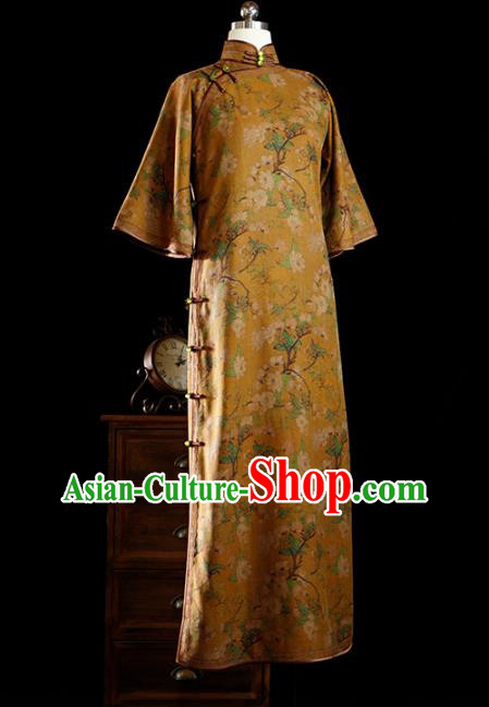 Republic of China Yellow Gambiered Guangdong Gauze Qipao Dress Traditional Minguo Classical Printing Pear Blossom Cheongsam