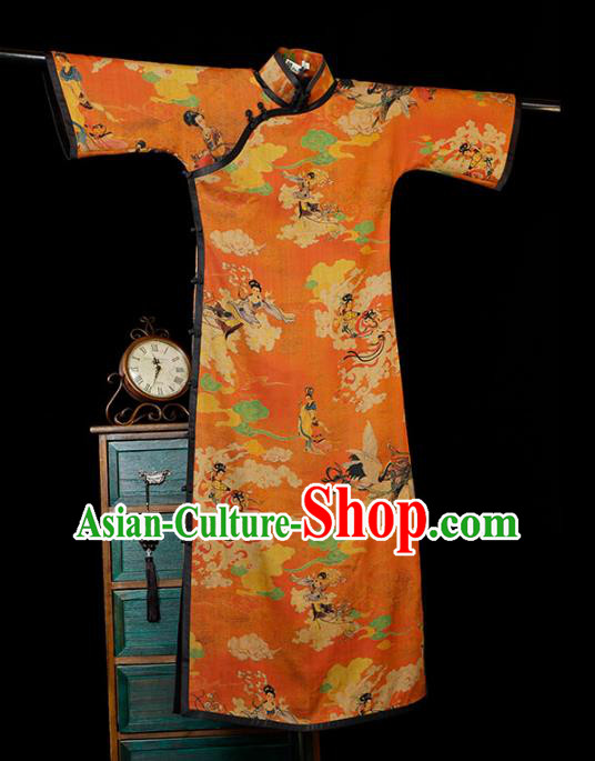 Republic of China Printing Fairy Qipao Dress Traditional Minguo Classical Shanghai Orange Gambiered Guangdong Gauze Cheongsam