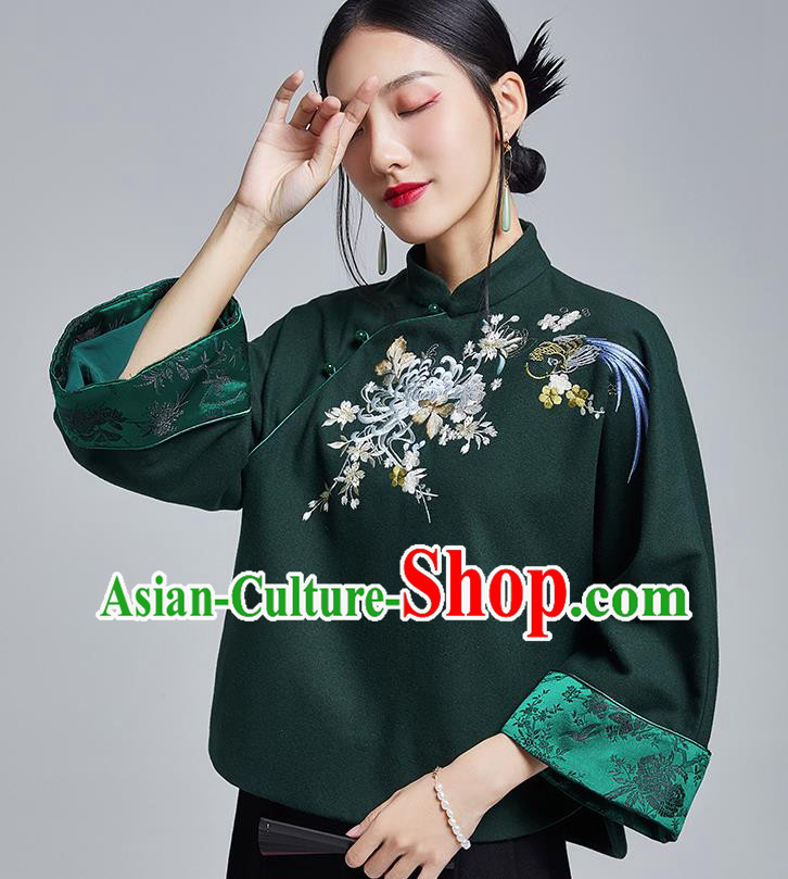 Chinese Traditional Tang Suit Embroidered Chrysanthemum Outer Garment National Atrovirens Woolen Cotton Wadded Jacket