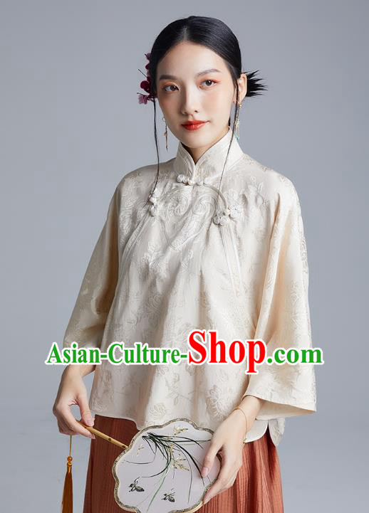 Chinese Classical Cheongsam Beige Silk Blouse Traditional Tang Suit Shirt Upper Outer Garment
