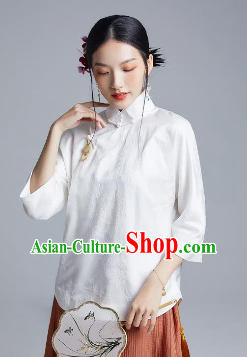 Chinese Traditional Tang Suit Shirt Upper Outer Garment Classical Cheongsam White Silk Blouse