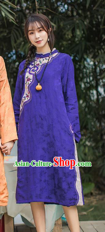 China Traditional Young Lady Slant Opening Qipao Dress Classical Embroidered Purple Cheongsam