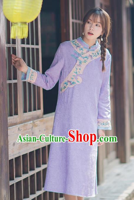 China Classical Embroidered Violet Flax Cheongsam Traditional Young Lady Qipao Dress Tang Suit Zen Costume