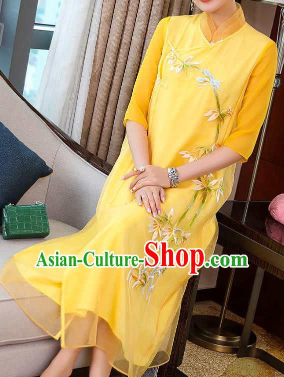 China Traditional Tang Suit Qipao Dress Classical Young Woman Embroidered Bamboo Yellow Organdy Cheongsam Costume