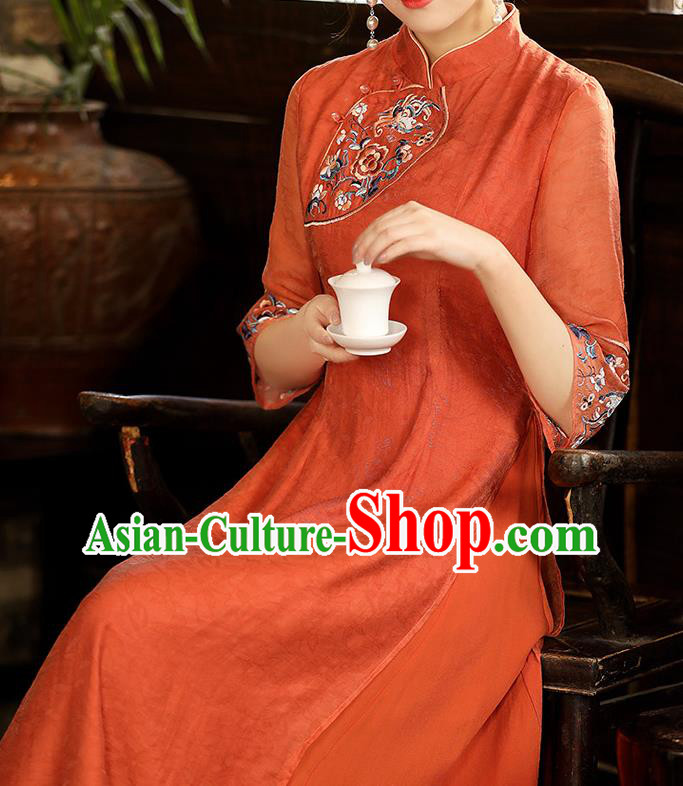 China Classical Embroidered Cheongsam Traditional National Zen Costume Tang Suit Jacinth Tencel Qipao Dress