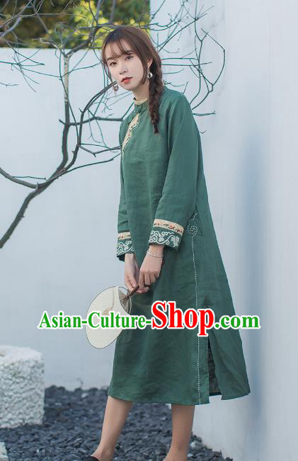 China Classical Embroidered Green Flax Cheongsam Tang Suit Zen Costume Traditional Young Lady Qipao Dress