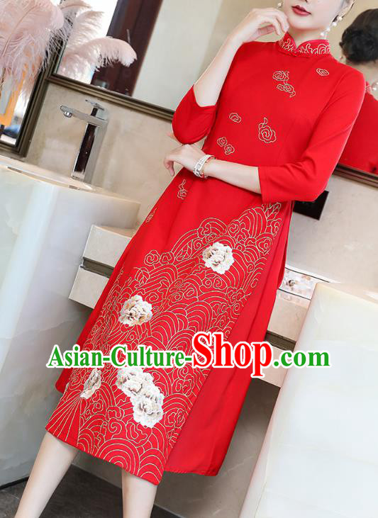 China Modern Dance Ao Dai Cheongsam Traditional Tang Suit Red Satin Qipao Dress
