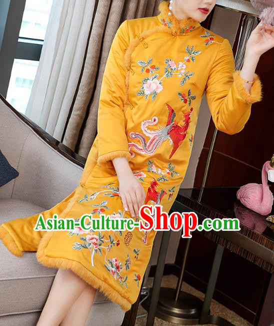China Tang Suit Embroidered Phoenix Peony Cheongsam Traditional Classical Yellow Silk Qipao Dress