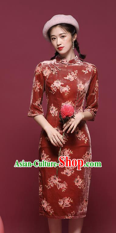 China Traditional Tang Suit Printing Red Pleuche Cheongsam Classical Dance Stage Performance Qipao Dress