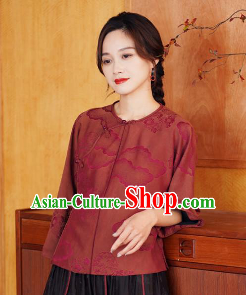 China Traditional Jacquard Watered Gauze Top Blouse National Dark Red Silk Shirt
