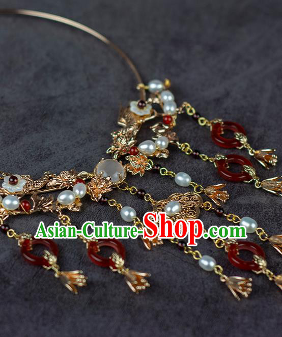 China Classical Wedding Necklace Accessories Traditional Ming Dynasty Princess Red Agate Tassel Necklet