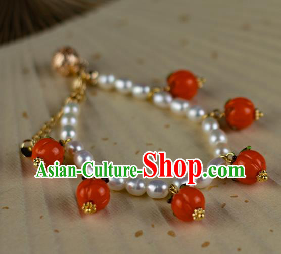 China Classical Red Persimmon Wristlet Accessories Traditional Ming Dynasty Princess Pearls Bracelet