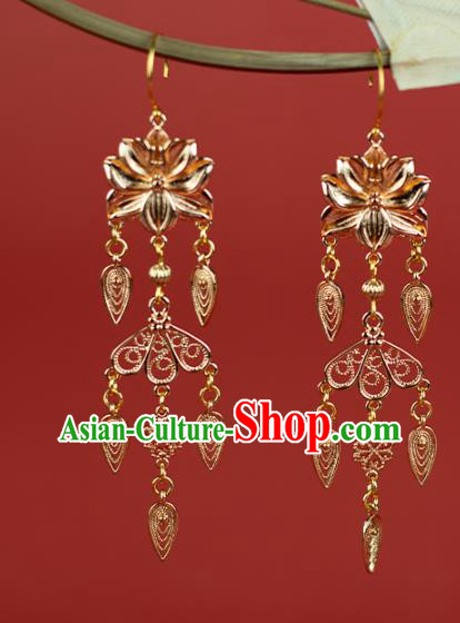 China Traditional Tang Dynasty Princess Ear Accessories Ancient Palace Lady Golden Lotus Earrings
