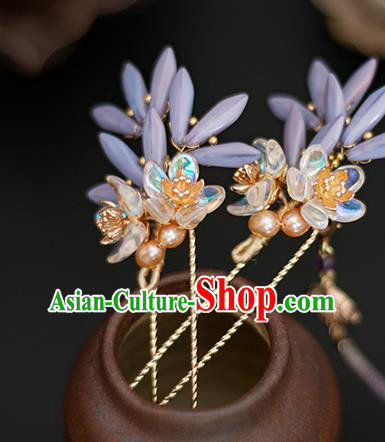 Chinese Traditional Hanfu Hair Accessories Tassel Hairpin Ancient Princess Purple Flowers Hair Stick