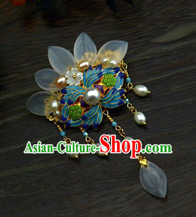 Chinese Traditional Ming Dynasty Tassel Hairpin Hanfu Hair Accessories Ancient Princess Cloisonne Lotus Hair Claw