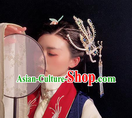 Chinese Handmade Hair Accessories Traditional Ming Dynasty Blue Crystal Phoenix Hairpin Ancient Princess Hair Stick