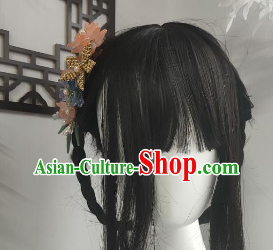 Chinese Ancient Princess Pink Flower Hairpin Hanfu Hair Accessories Traditional Ming Dynasty Pearls Hair Comb