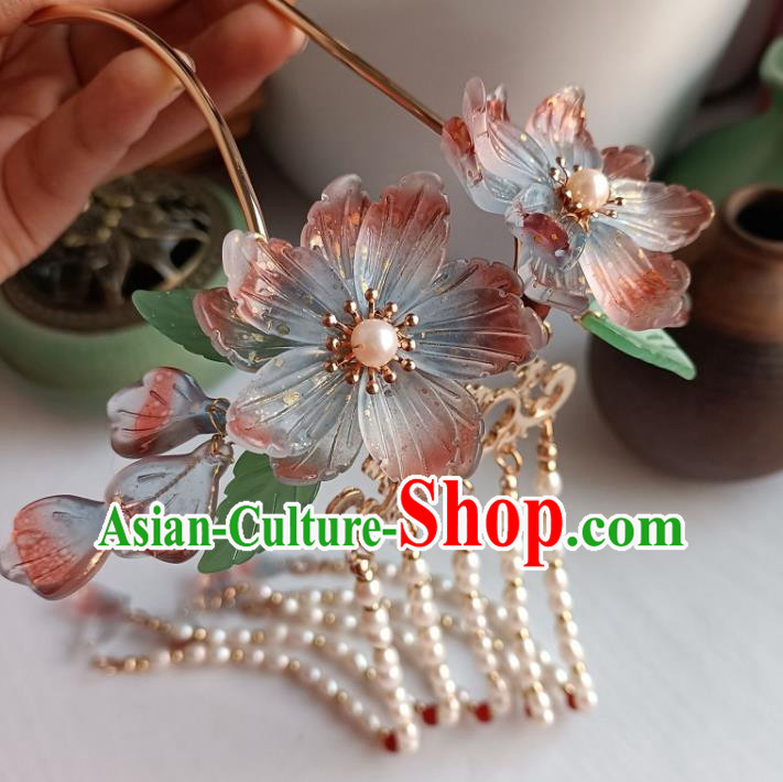 Chinese Ancient Noble Lady Flowers Hairpin Hanfu Hair Accessories Traditional Ming Dynasty Pearls Tassel Hair Stick