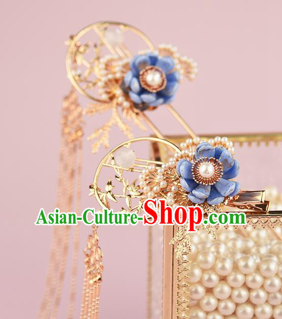 Chinese Traditional Blue Flower Hairpin Handmade Hair Accessories Ancient Hanfu Tassel Hair Stick