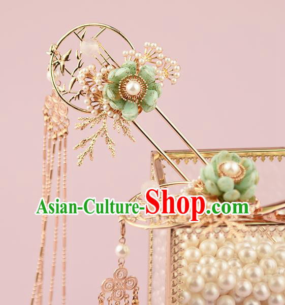 Chinese Handmade Hair Accessories Ancient Hanfu Tassel Hair Stick Traditional Green Flower Hairpin