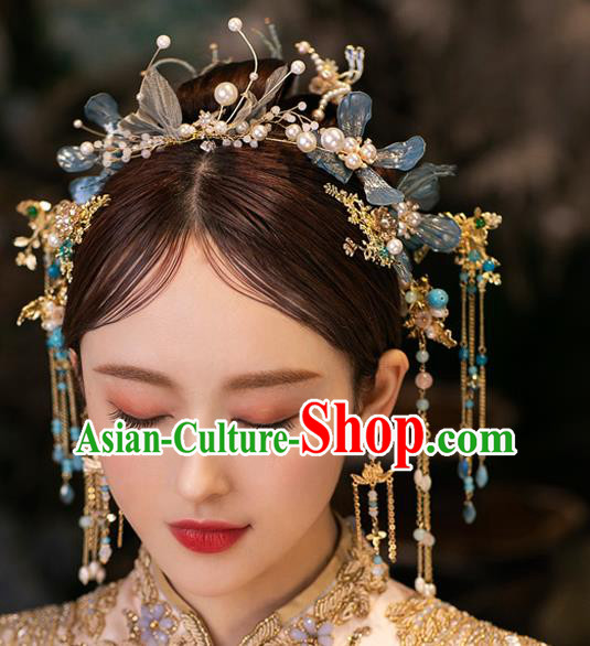 Chinese Bride Blue Flowers Hair Clasp Traditional Wedding Hair Accessories Classical Xiuhe Suit Hair Crown