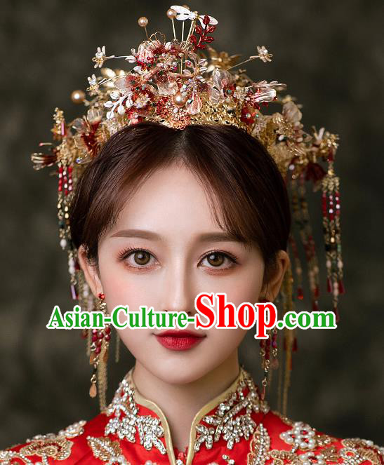 Chinese Traditional Wedding Hair Accessories Classical Xiuhe Suit Hair Crown Bride Tassel Hairpins