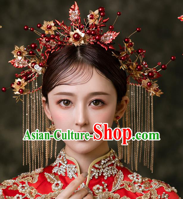 Chinese Bride Hairpins Traditional Wedding Hair Accessories Classical Xiuhe Suit Crystal Leaf Hair Crown