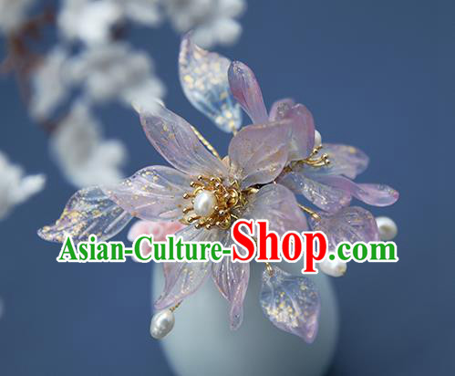 Chinese Ancient Palace Lady Pearls Hairpin Traditional Ming Dynasty Princess Purple Flowers Hair Stick