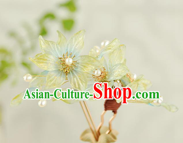 Chinese Traditional Ming Dynasty Princess Green Flowers Hair Stick Ancient Palace Lady Pearls Hairpin