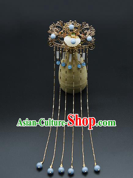 Chinese Traditional Ming Dynasty Court Hair Stick Ancient Princess Jade Butterfly Tassel Hairpin