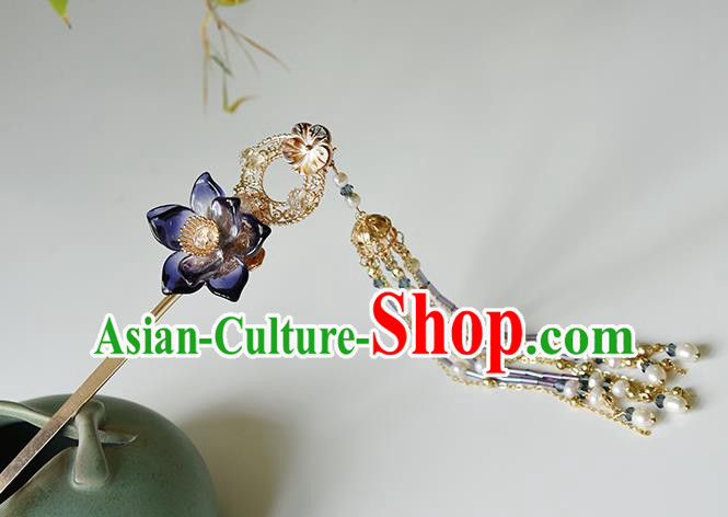 Chinese Traditional Ming Dynasty Pearls Tassel Hair Stick Ancient Princess Purple Lotus Hairpin