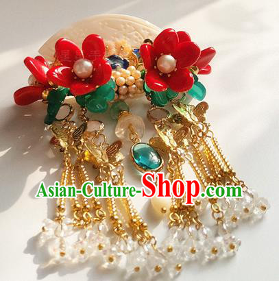 Chinese Traditional Hanfu Shell Carving Fan Hair Stick Ancient Palace Lady Red Flowers Tassel Hairpin