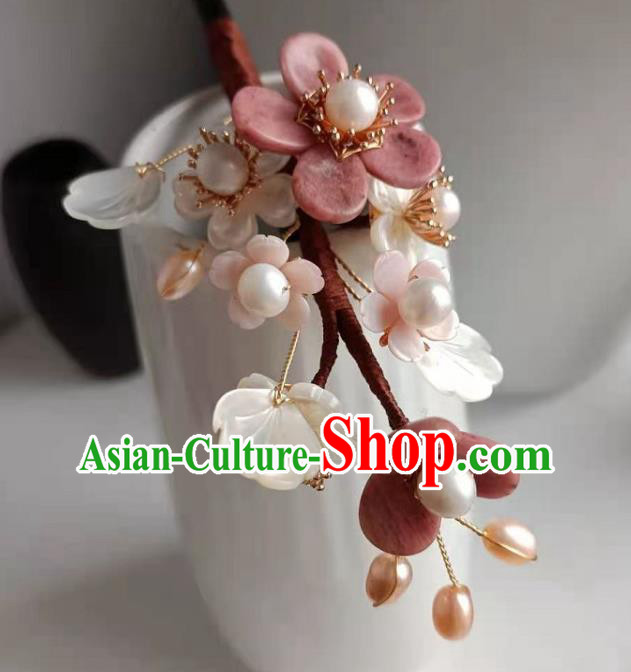Chinese Ancient Young Lady Shell Pearls Hairpin Traditional Ming Dynasty Princess Rose Stone Hair Stick