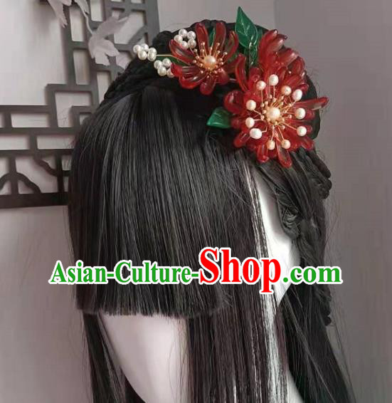 Chinese Ancient Patrician Lady Hairpin Hair Accessories Traditional Ming Dynasty Hanfu Red Chrysanthemum Hair Stick
